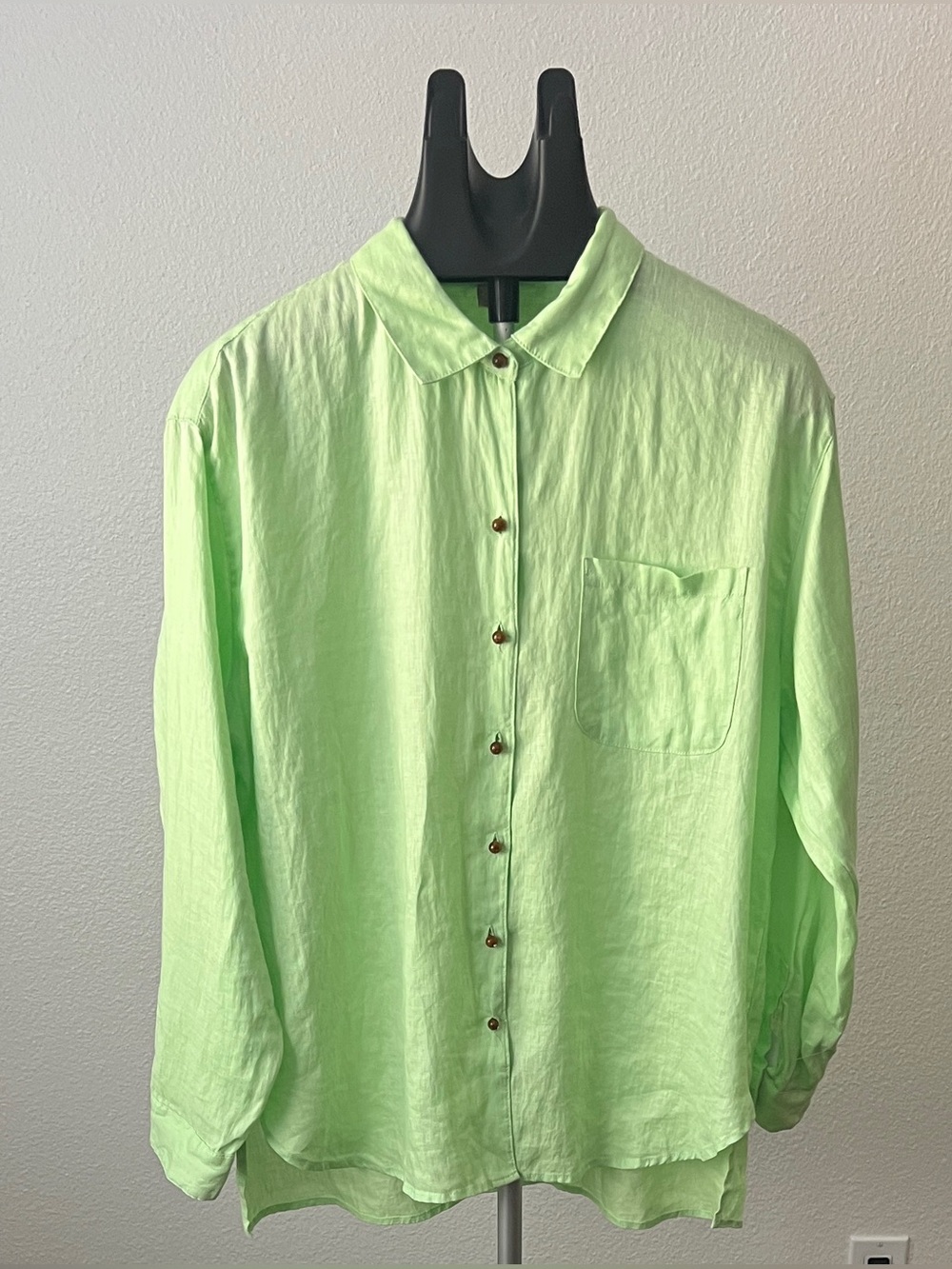 Magaschoni 100% Linen Long Sleeve Button Front Shirt in Lime Green - Size Large